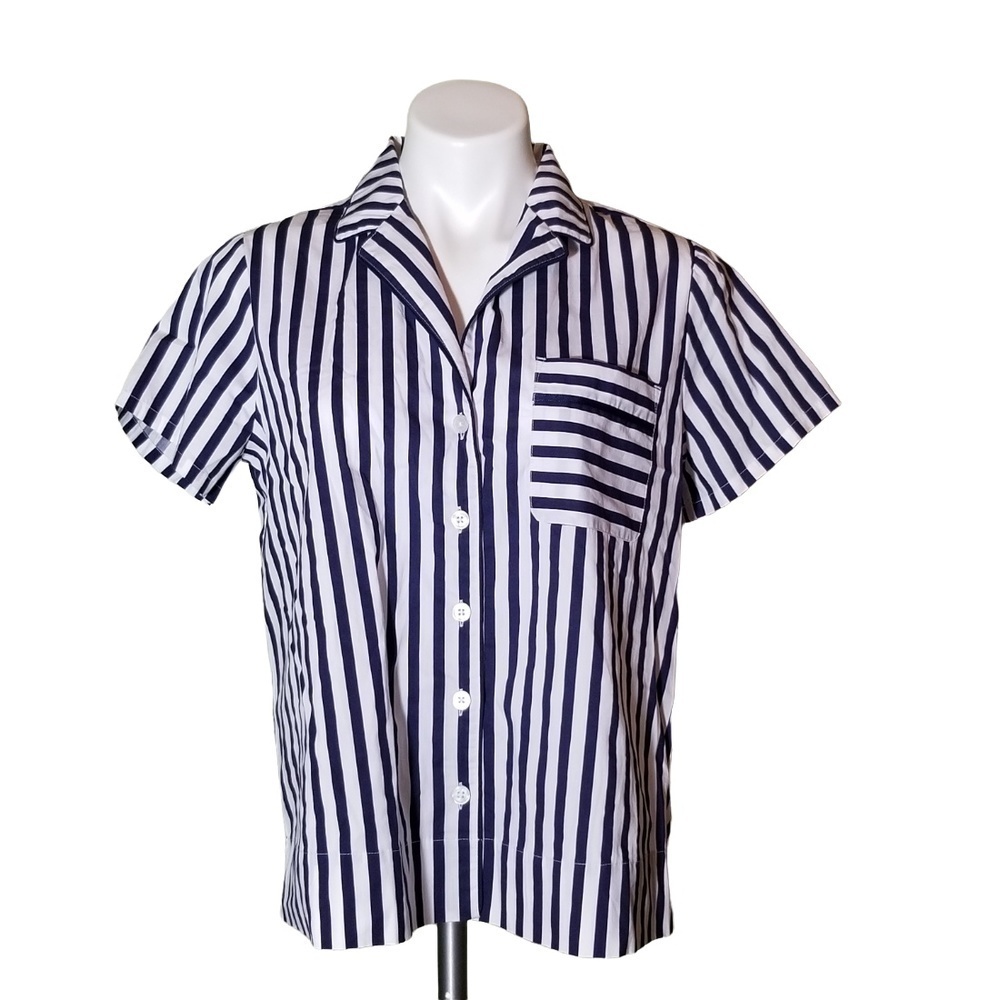 Soma Cool Cotton Stretch Woven Notch Collar Pajama Top Stripe Blue size S NWT